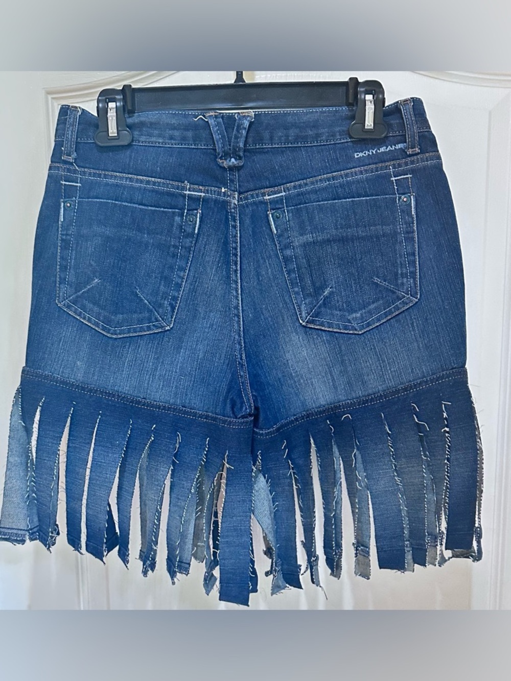 Upcycled DKNY Jeans Dark Wash Fringed Denim Shorts size M - Picture 5 of 6